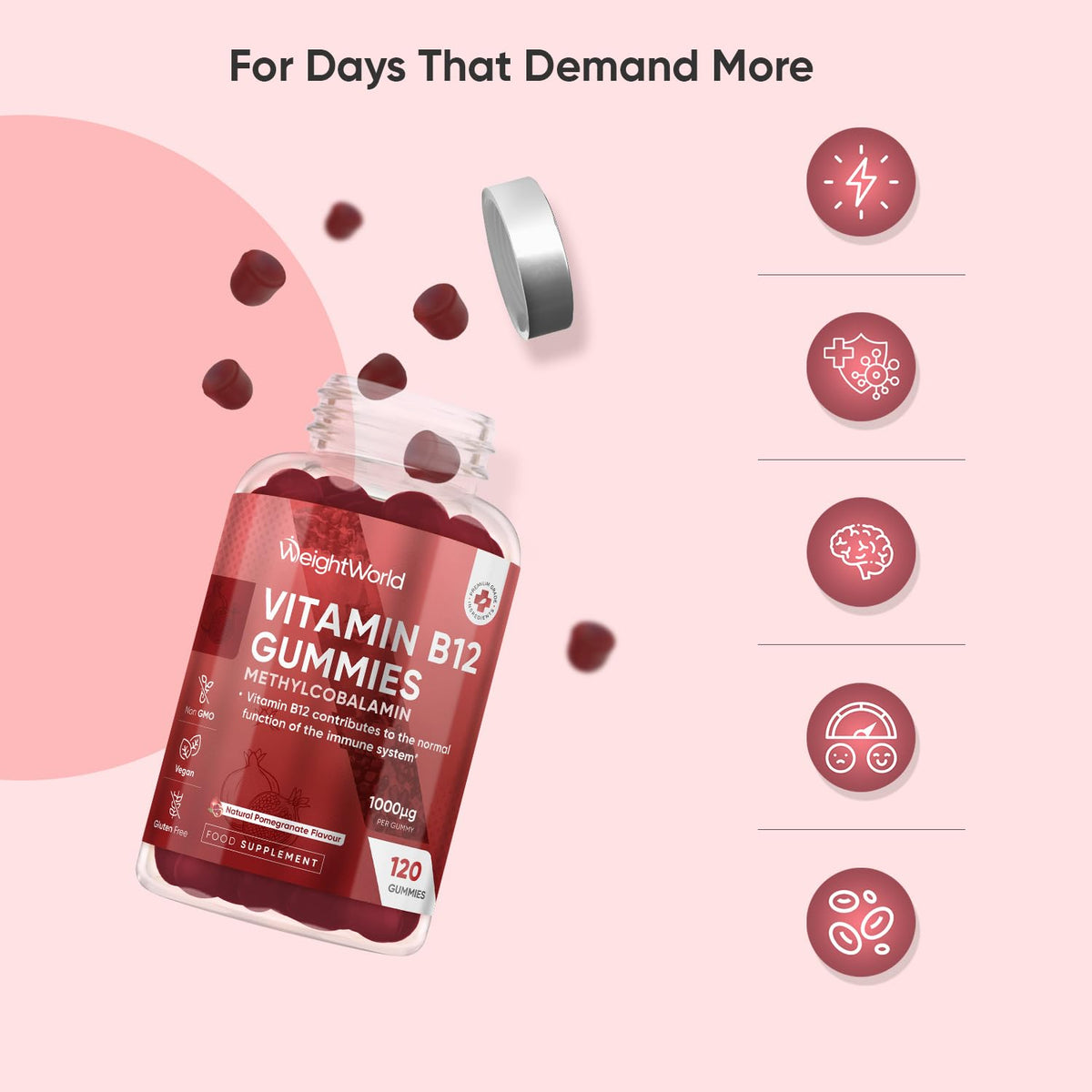 WeightWorld Vitamin B12 Gummies - 120 Gummies - 4 Months Supply - 1000mcg - Tasty, Natural Pomegranate Flavour - 1 per Day - Vegan & Gluten-Free - Methylcobalamin Form for Easy Absorption - B12 Vitamin Supplement