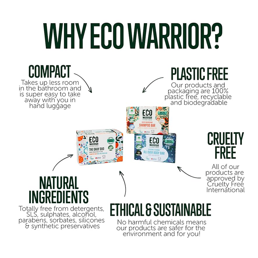 Little Soap Company Eco Warrior Daily Duo Shampoo & Soap Bar Gift Pack - Vegan, Cruelty Free, No SLS or Parabens, Shampoo Bar With Orange & Eucalyptus, Body & Hand Soap Bar with Shea Butter, Eco Friendly Soap, 100g each
