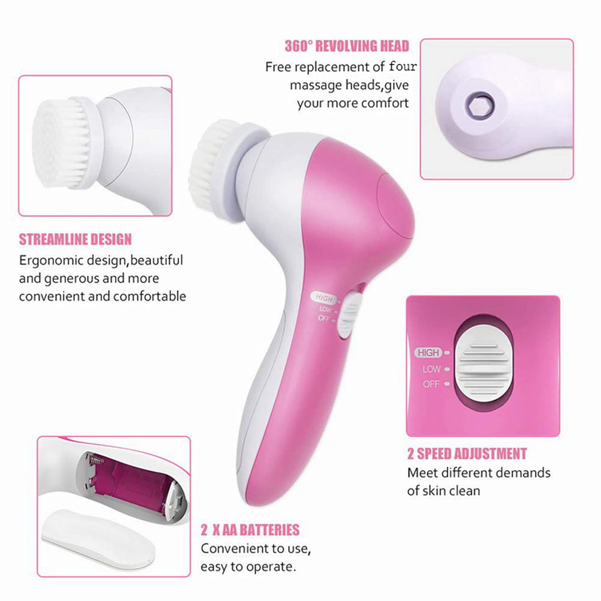 MEITREND Facial Cleansing Brush Face Brush Electric Face Massager Facial Cleansing Spin Brush Set for Gentle Exfoliating,Removing Blackhead Gift Skincare for Teenage Girl(Pink1)