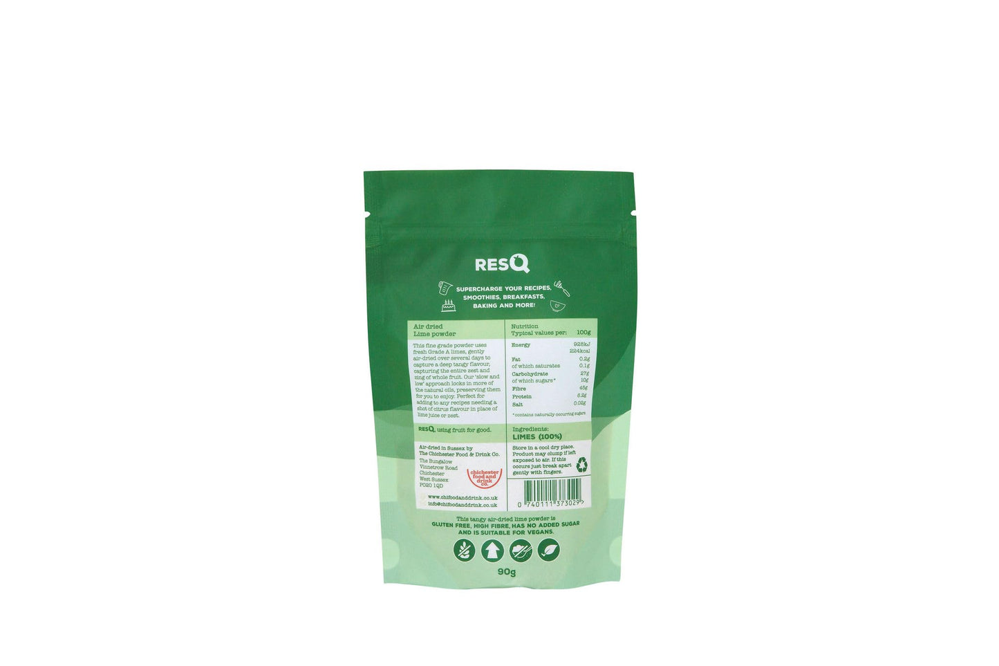 ResQ RESQ - Fine Lime Powder: Natural & Sugar-Free - 90g Powder from 60 Fresh Limes - Sustainable & Preservative-Free (Lime) - Dried slowly to preserve flavour and freshness