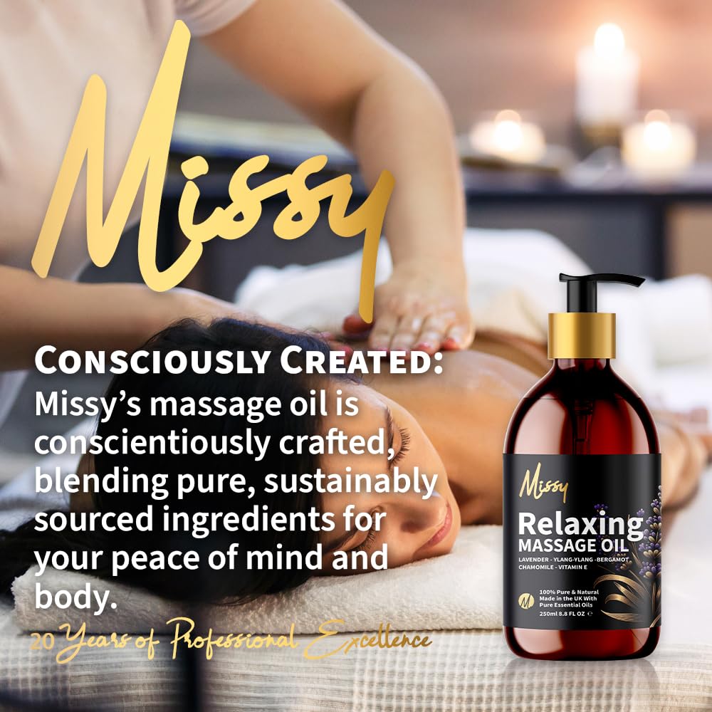 Just Missy Relaxing Massage Oil by Missy - Luxurious Soothing Blend Massage Oil for Date Night with Lavender, Chamomile, Ylang Ylang & Bergamot, Enriched with Vitamin E, Lightweight Grapeseed Oil Base