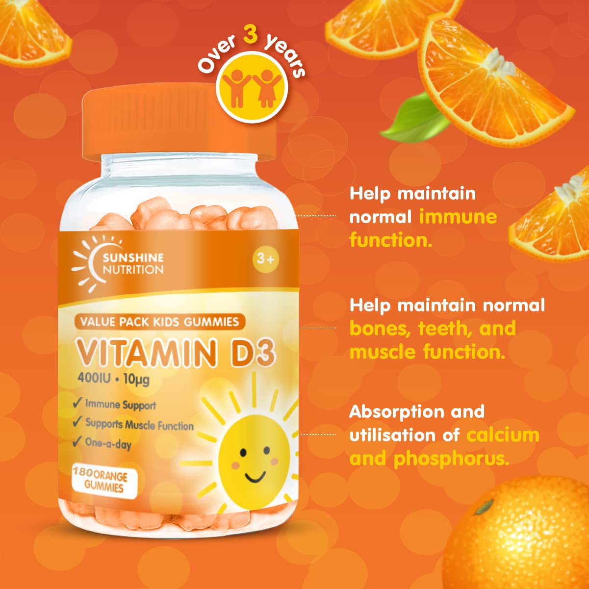Kids Vitamin D Gummies by Sunshine Nutrition - Vitamin D3 400IU Orange Flavour Gummy (180 Count)
