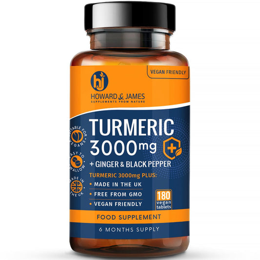 Turmeric 3000mg High Strength Supplement with Black Pepper and Ginger - 180 Vegan Tablets (Not Capsules) - Turmeric with Active Ingredient Curcumin - Made in The UK by Howard & James