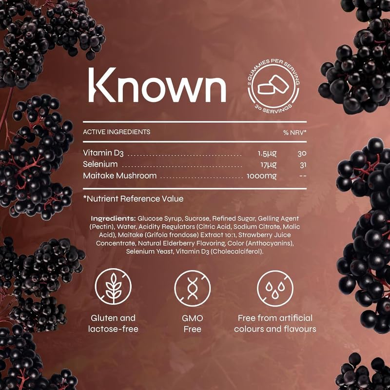 Known Tasty Maitake Gummies - 1000mg Maitake Mushroom with Vitamin D3 - Immune Support - Natural Elderberry Flavour - 60 Vegan Gummies, 1 Month Supply