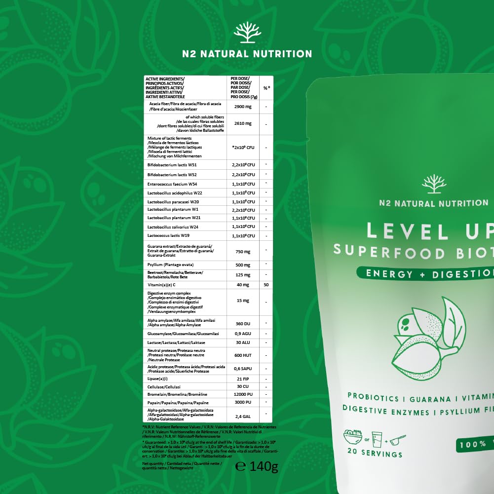 Probiotics with Digestive Enzymes, Psyllium Fibre, Beetroot and Vitamin C. Powerfull Ally for Better Digestions and Bloating Relief. Gut Health Supplement. Vegan. N2 Natural Nutrition