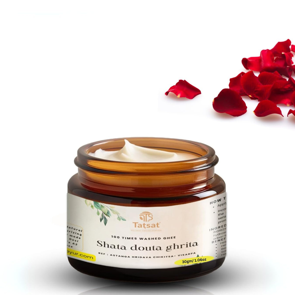 TATSAT - WELLNESS THROUGH AYURVEDA Shata Dhauta Ghrita 100 Times Washed Ghee Anti Aging Nourishing Cream Removes Stretch Marks - 30gms (Rose)