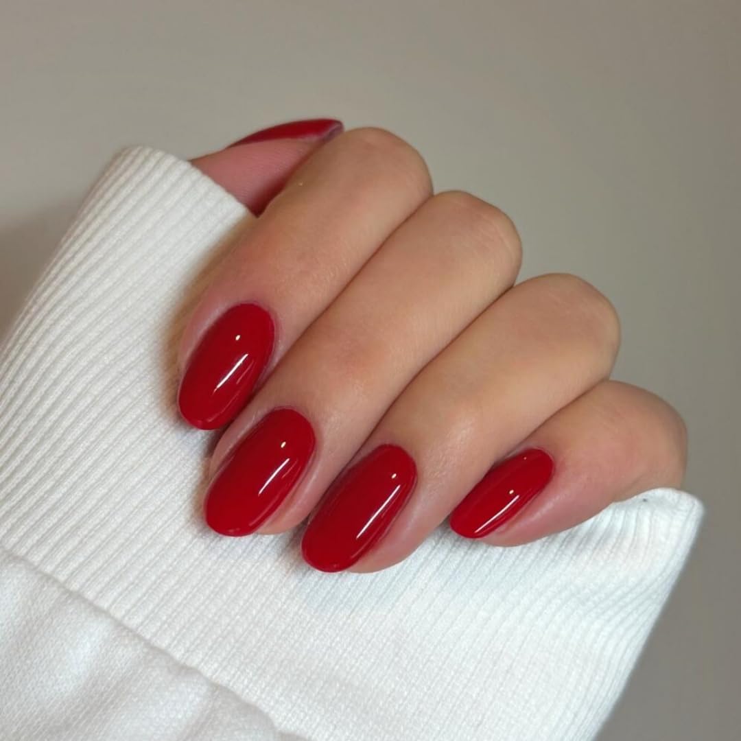 SXVME Light Red Press On Nails Short Oval, Glossy Short False Nails Almond, Salon Quality Manicure, Reusable Soft Gel Fake Nails for Women Everyday Wear, 24 Pcs