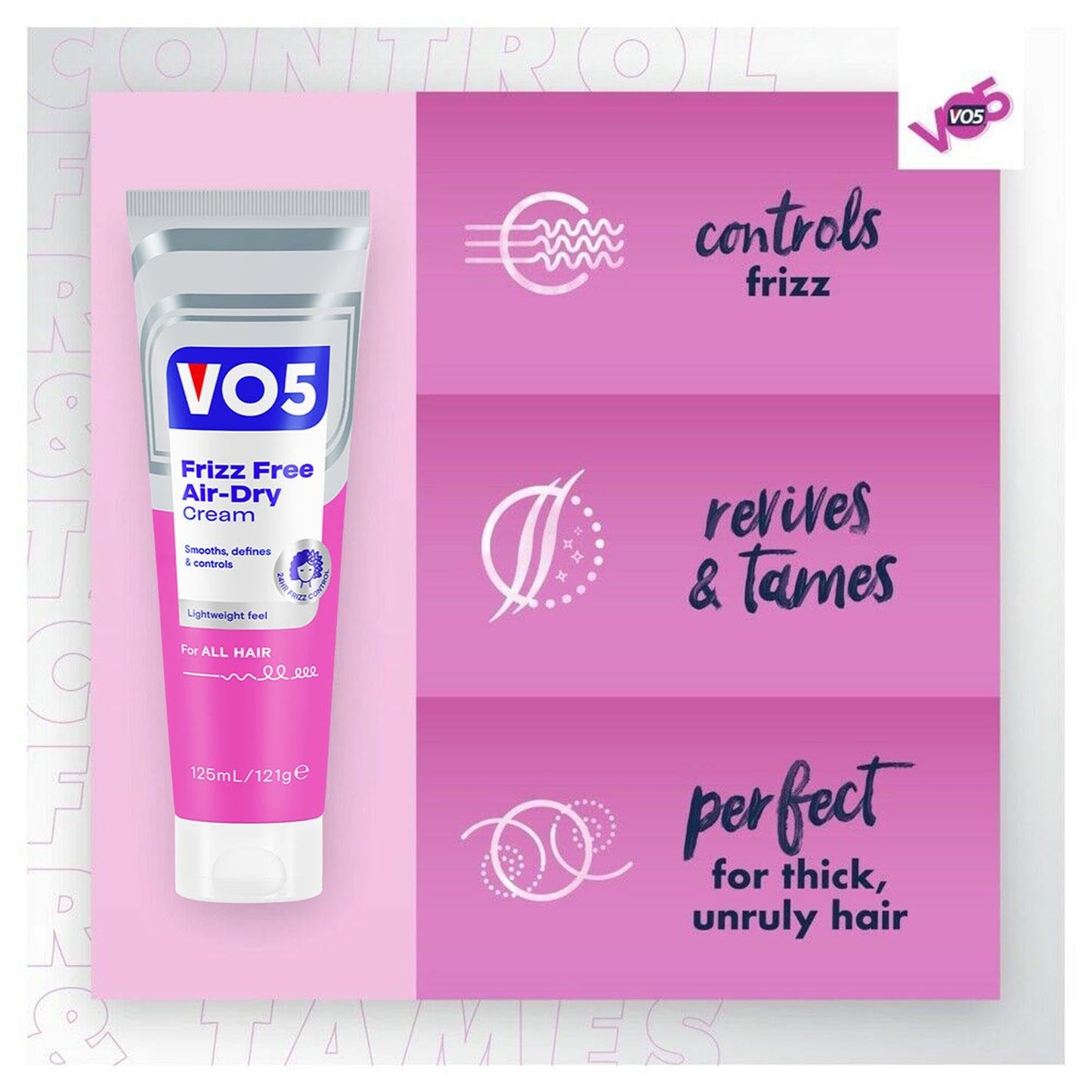 Candybay VO5 Frizz Free Air Dry Cream Controls Frizz, Revives and Tames. Pack of 2, 125ml each.