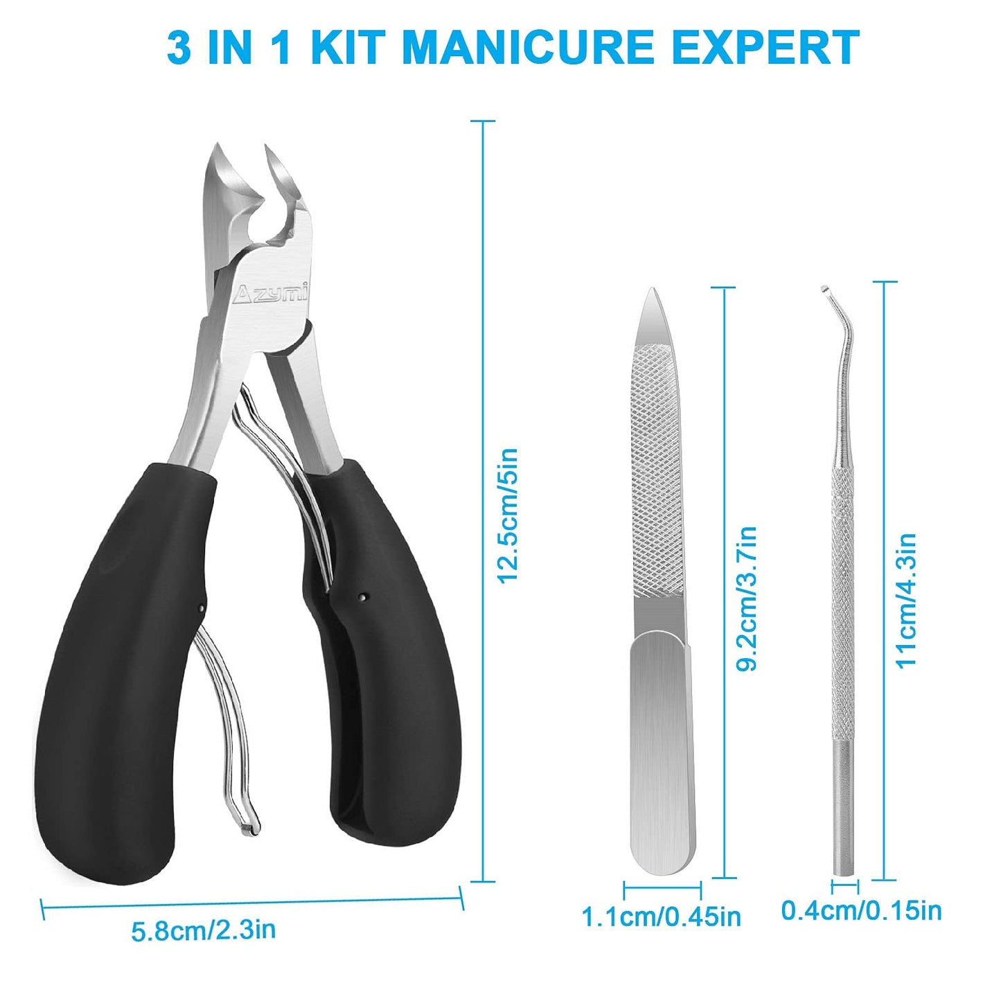 Azymi Toe Nail Clippers for Thick Nails, Heavy Duty Toenail Scissors Cutters Kit with Nail File & Nail Hook, Sharp Curved Blades- Wide Jaw Opening- Soft Handle