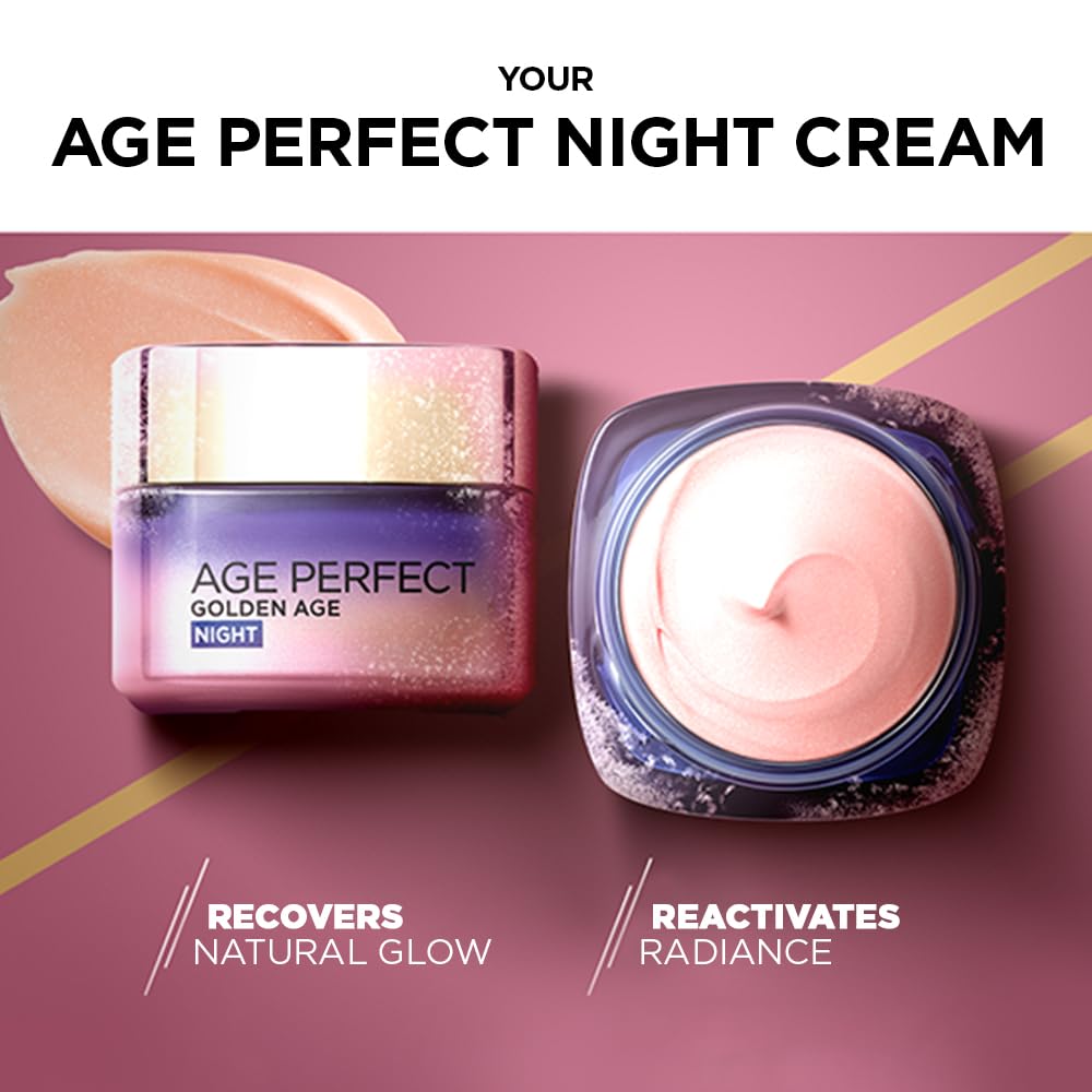 L’Oréal Paris Age Perfect Golden Age Re-Stimulating Night Cream 50+, Moisturising, Renew Skin Barrier Overnight and Reactivates Skin’s Radiance, Peony Native Cells, Calcium and Vitamin B3, 50ml