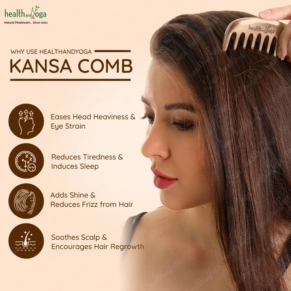 HEALTHANDYOGA HealthAndYoga Kansa Comb - Ayurvedic Healing Bronze Metal Hair Care Accessory - Detox Head Massage - Smoothens, Clears Dandruff, Tones Scalp, Revitalises Roots,Boosts Regrowth, Relaxes