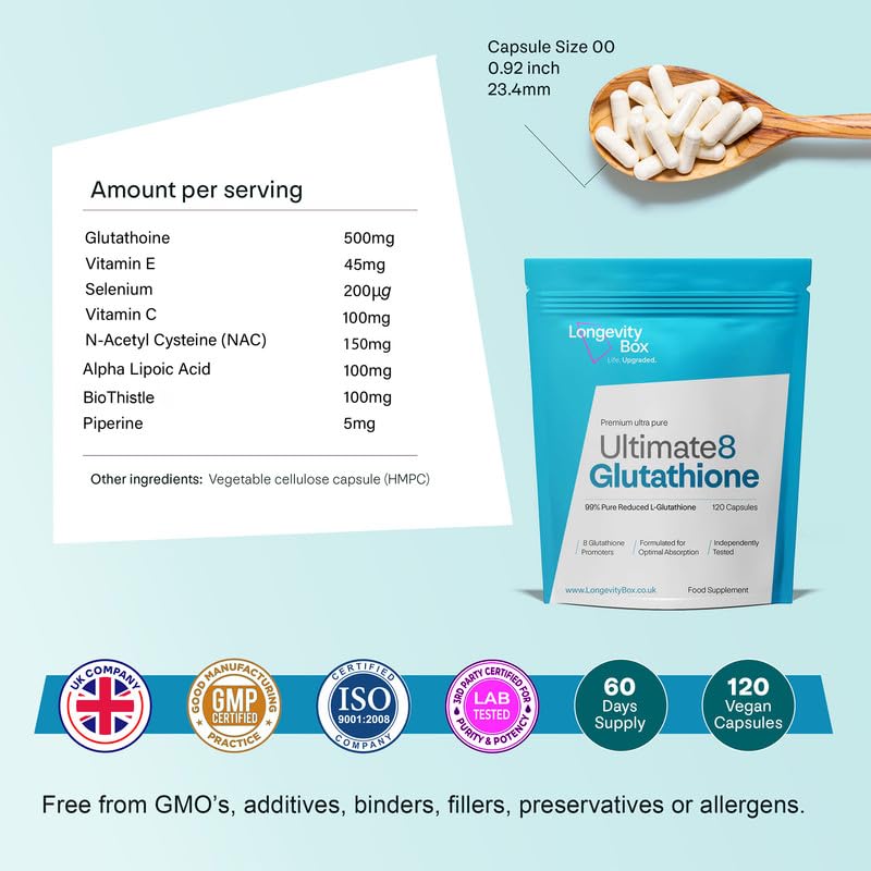 Longevity Box Ultimate 8 Glutathione Supplement - 120 Capsule of Advanced Antioxidant Formula with NAC, Vitamin C, Selenium, ALA, BioThistle, Piperine & Vitamin E | Cellular Detox, Immune Support, & Healthy Ageing