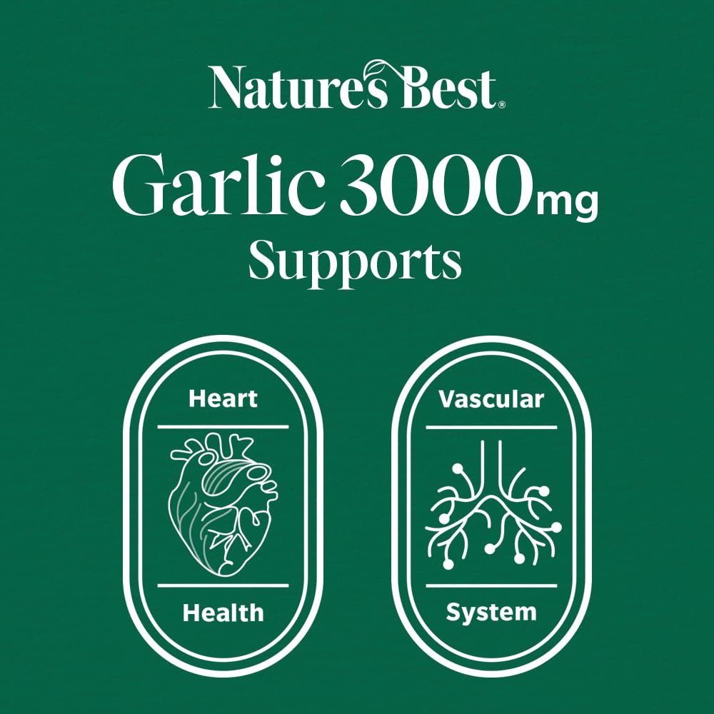 NATURE'S BEST Nature's Best Garlic Tablets 3000mg - High Strength & Rich in Allicin - Taste Controlled & Odthisless - Equivalent to 3000mg of Fresh Garlic - UK Made - 180 Tablets (6 Months' Supply)