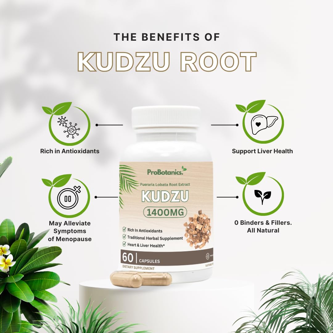 ProBotanics Kudzu Root Capsules 1400mg | High Strength 40% Isoflavones | Alcohol Craving Support, Liver Cleanse Detox, Enhanced Anti-Inflammatory | Organic Natural Health Booster