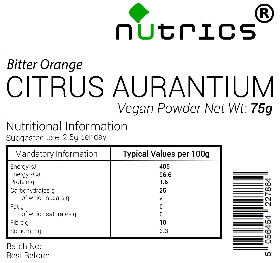 Nutrics® CITRUS AURANTIUM Powder 75g 100% Pure No Additives - Suitable for Vegan Vegetarians Halal Kosher