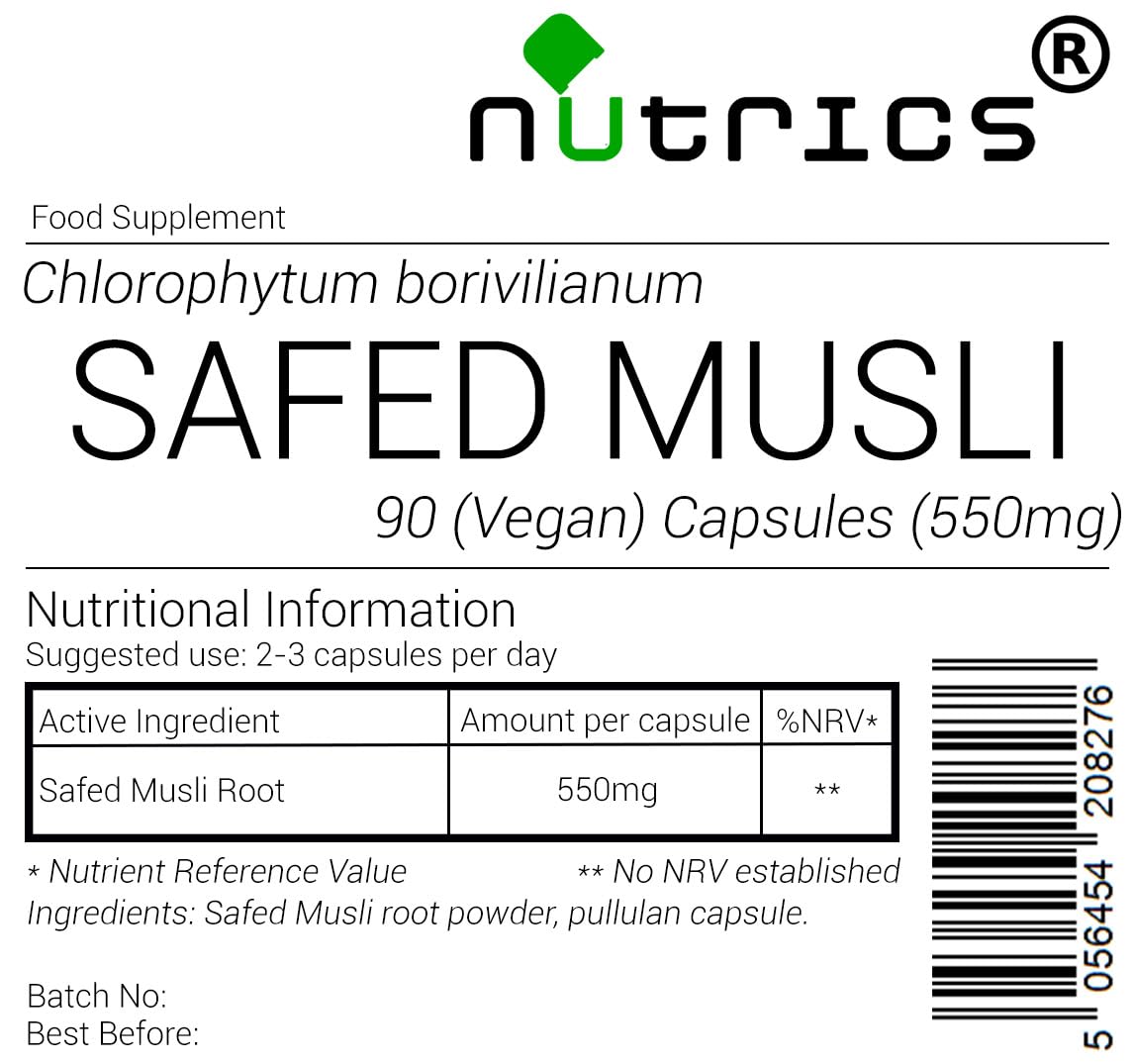 Nutrics® Safed Musli 550mg 90 V Capsules (1 Month Supply) - Supplement - Suitable for Vegan Vegetarian Halal & Kosher Diet