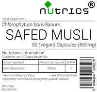 Nutrics® Safed Musli 550mg 90 V Capsules (1 Month Supply) - Supplement - Suitable for Vegan Vegetarian Halal & Kosher Diet