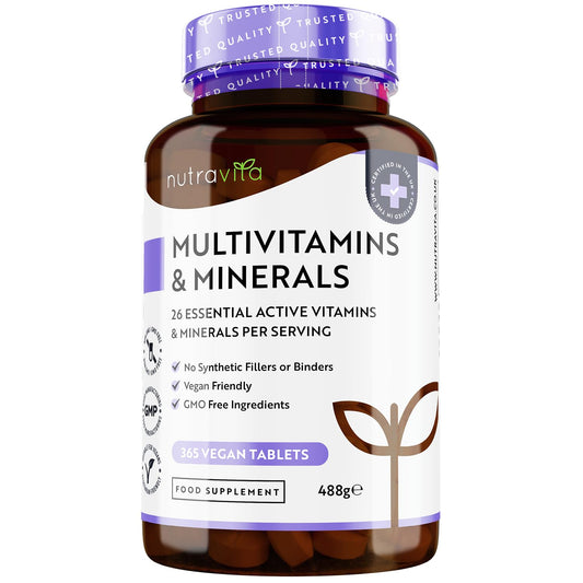 Multivitamins & Minerals - 365 Vegan Multivitamin Tablets - 1 Year Supply - Multivitamin Tablets for Men and Women with 26 Essential Active Vitamins & Minerals - Made in The UK by Nutravita