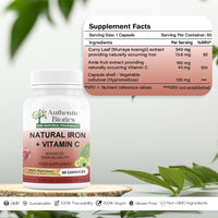 Authentic Biotics – 60 Natural Iron & Vitamin C Capsules, High Strength Iron from Curry Leaves, Vitamin C from Amla, 100% Plant-Based, Vegan & Vegetarian, Free from Fillers, Binders, and Additives (1)