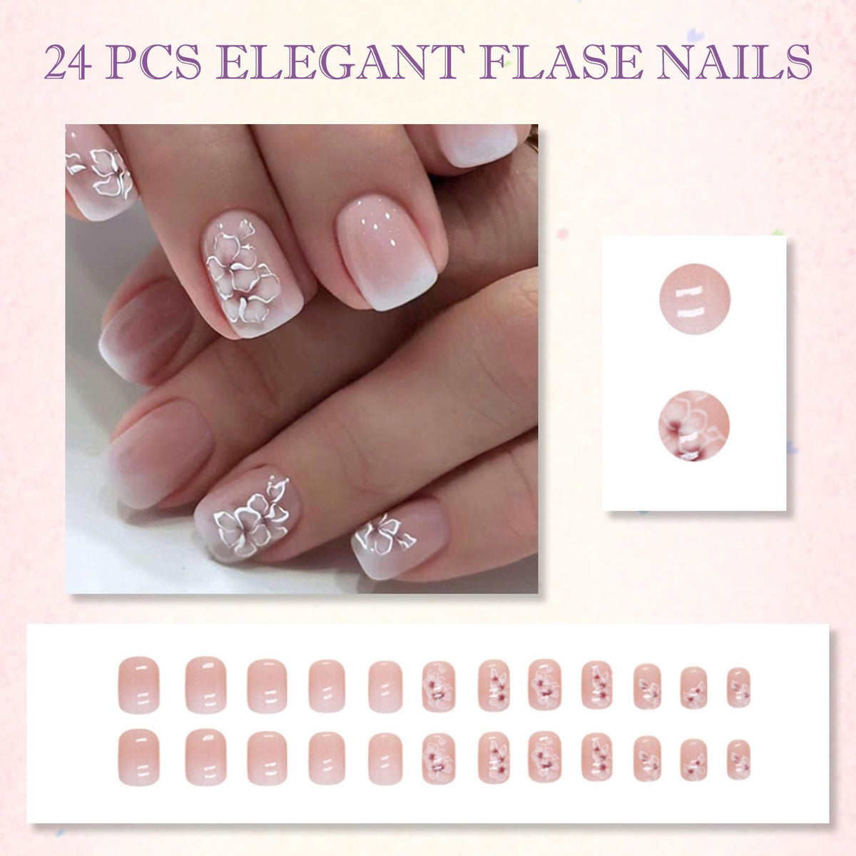 Generic 24PCS Medium Almond Stick On Nails with Floral Design - Elegant False Nails for Spring and Summer Style, Reusable Press On Set for Women, Glossy Pink Ombre Manicure with White Squoval Tips