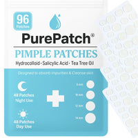 PurePatch Pimple Patches - 96 Hydrocolloid Spot Patches with Salicylic Acid & Tea Tree Oil, 3 Sizes, Night & Day Acne Treatment Pack, Ultra Thin Day & Thick Night, Easy Removal Perforated Sheets