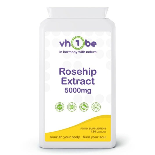 vh1be Rosehip Extract Supplements, 5000mg, 120 Capsules, 4 Months' Supply, with Rosacanina and Vitamin C, Supports Bones, Cartilage and Collagen Formation, Non-GMO, Gluten-Free, UK Made to GMP Standards