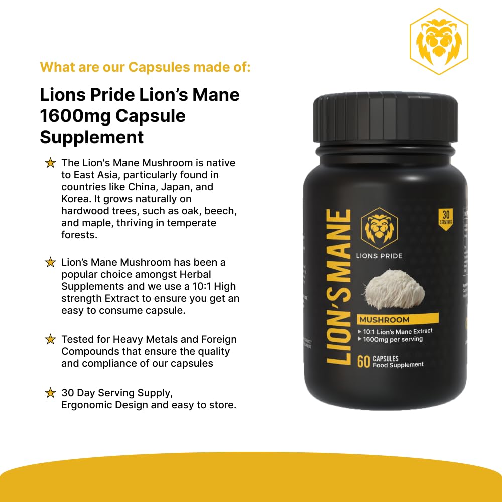 Lion's Pride Lions Pride Lions Mane Capsules, Food Supplement 10:1 Extract, High Strength Mushroom Powder, 60 Capsules