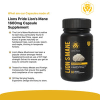 Lion's Pride Lions Pride Lions Mane Capsules, Food Supplement 10:1 Extract, High Strength Mushroom Powder, 60 Capsules