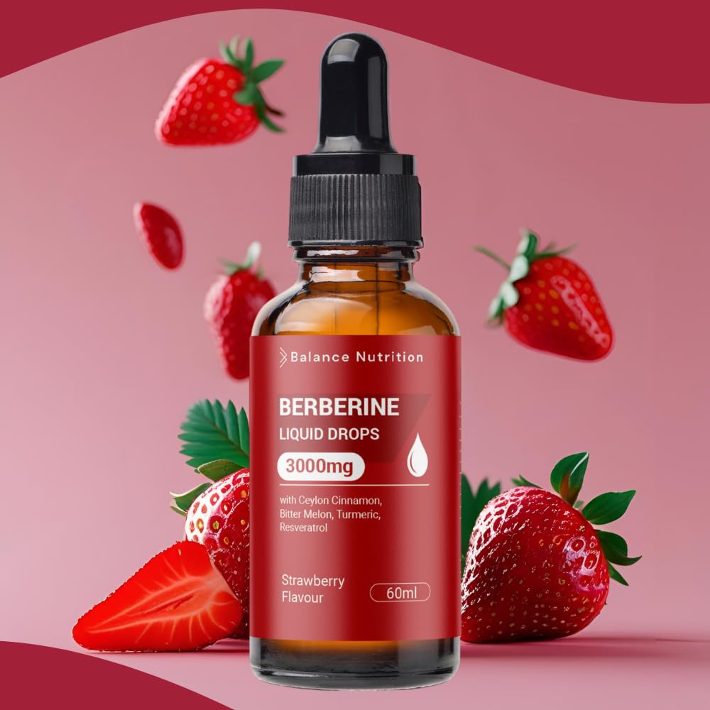 Berberine Liquid Drops 3000mg, High Strength Berberine Supplement, 60ml, Strawberry Flavour