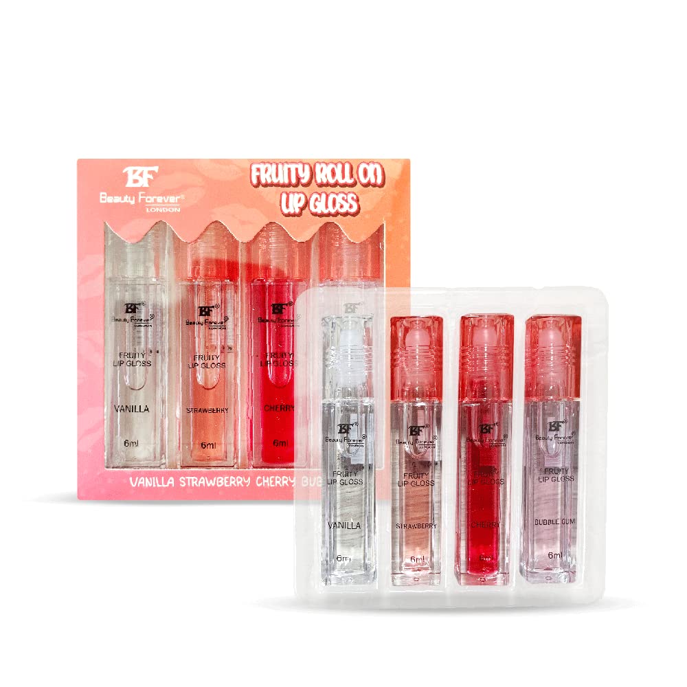 BF Beauty Forever Beauty Forever Fruity Roll on Lip Gloss, Moisturising & Hydrating, Available in 4 Flavours, 6ml each (Pack of 4)