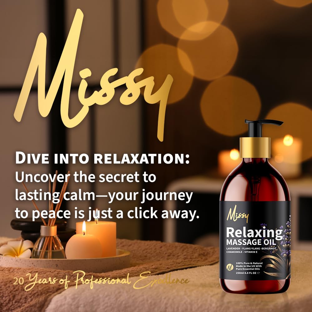 Just Missy Relaxing Massage Oil by Missy - Luxurious Soothing Blend Massage Oil for Date Night with Lavender, Chamomile, Ylang Ylang & Bergamot, Enriched with Vitamin E, Lightweight Grapeseed Oil Base