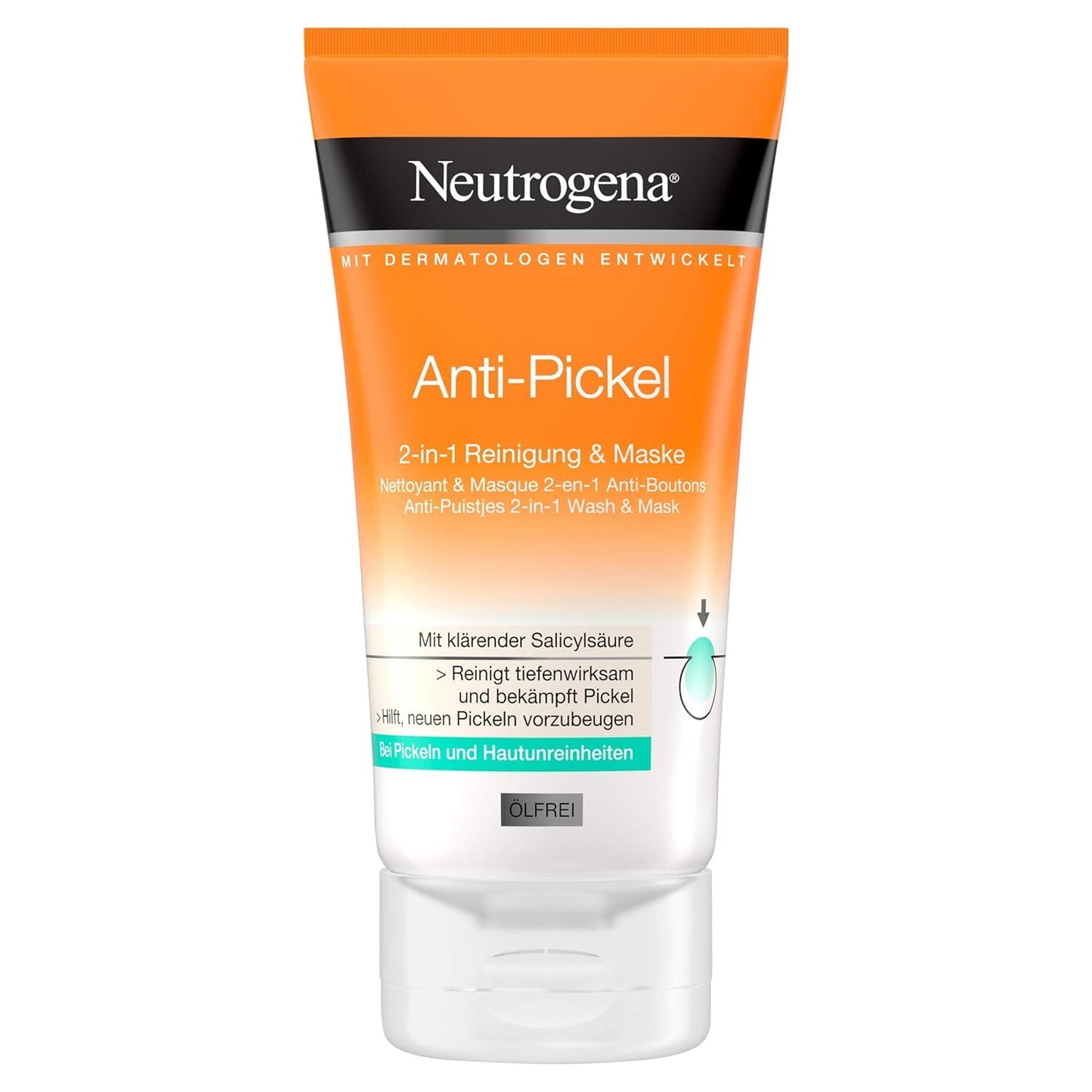 Neutrogena Anti-Pimple Facial Cleanser, 2-in-1 Cleansing and Mask with Salicylic Acid for Blemished Skin, Oil-Free, 150 ml