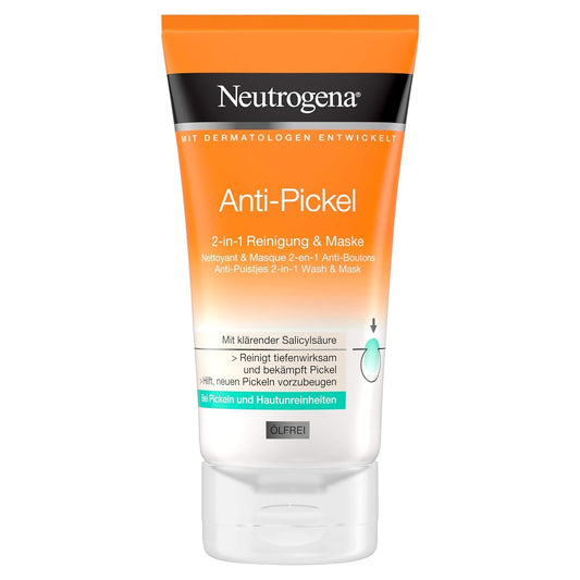 Neutrogena Anti-Pimple Facial Cleanser, 2-in-1 Cleansing and Mask with Salicylic Acid for Blemished Skin, Oil-Free, 150 ml