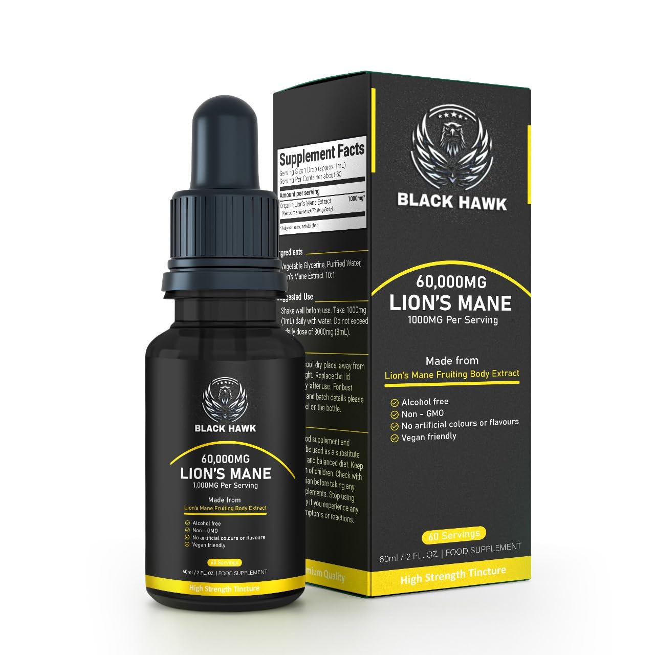Lions Mane Supplement Liquid 1000mg - 60 Vegan Servings High Strength Lions Mane Mushroom Fruiting Body Extract - 2 Months Supply - Nootropic - Made in The UK by BLACK HAWK