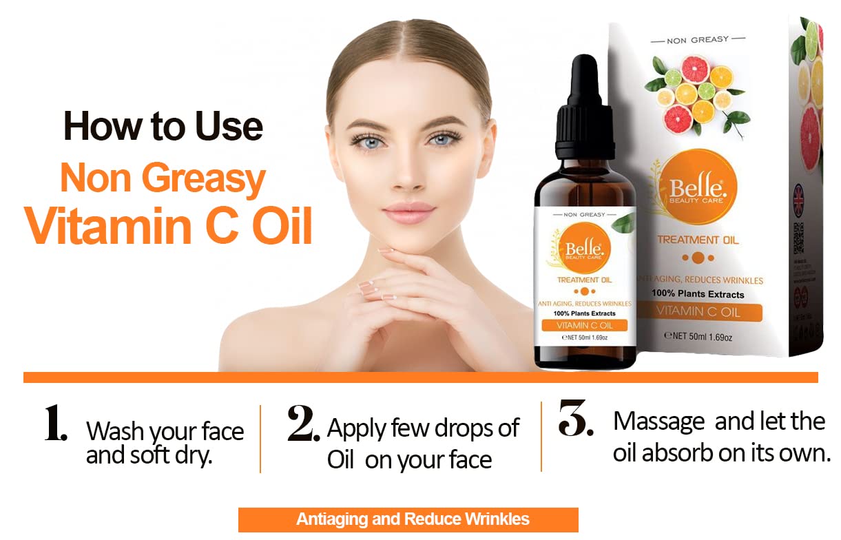 Vitamin C Oil Non Greasy, Face Oils, Vitamin C Face Oil Treatment for Normal to Dry Skin 50mL1.69oz By BELLE