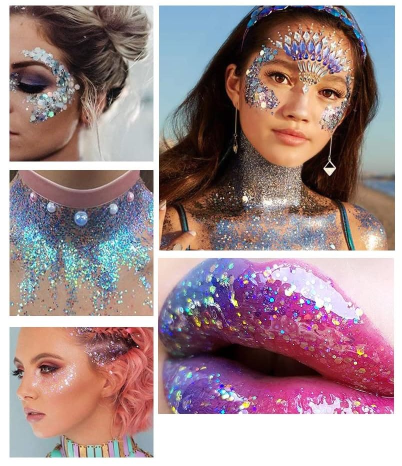 Beliky Girl Body Glitter Gel, 50ml Face Glitters Body Sequins Shimmer Liquid Eyeshadow, Mermaid Sequins Liquid Holographic Glitter Gel, Chunky Glitters for Eye Hair Nail DIY Art(Silver)