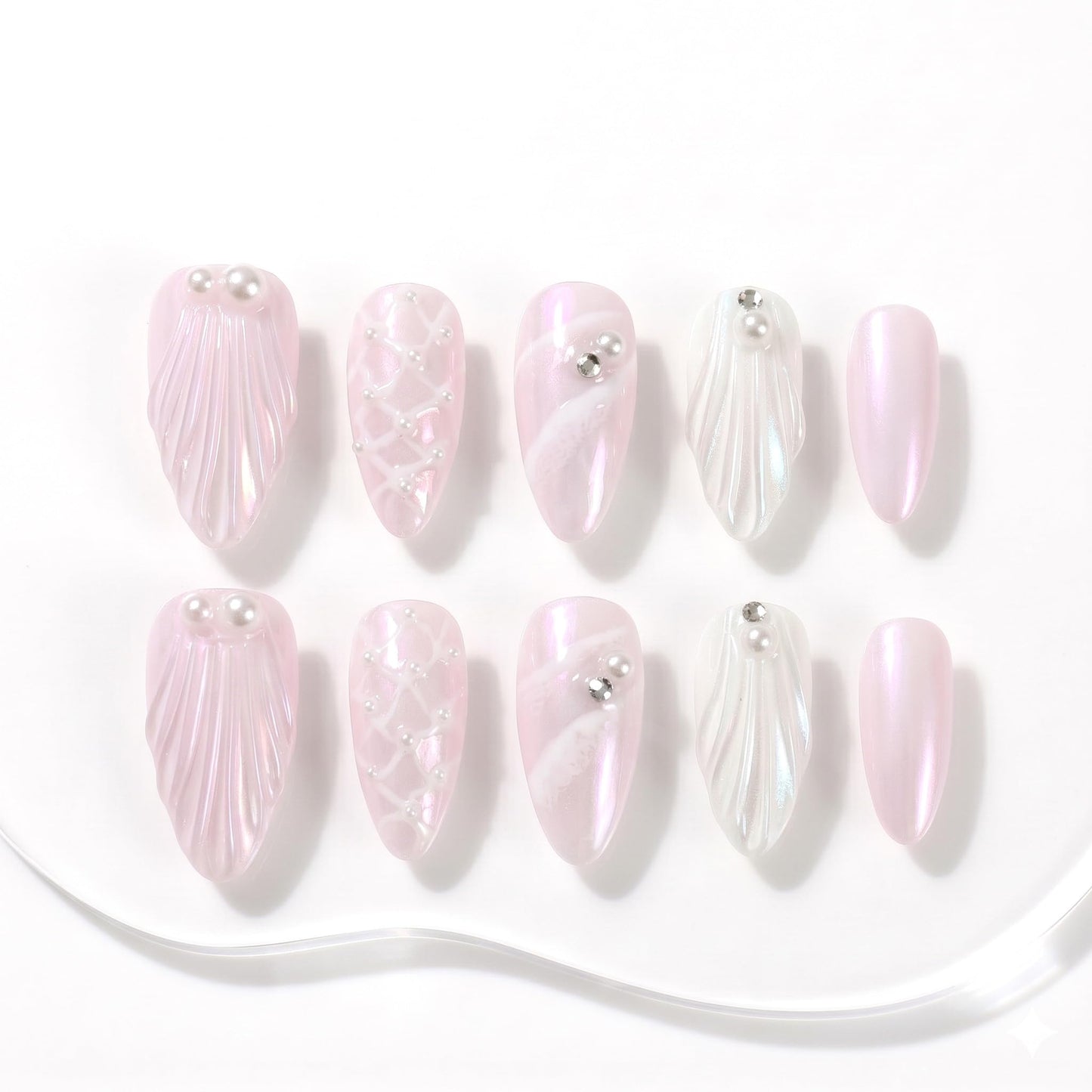 Sun&Beam Nails Handmade Press-on Medium Long Amlond Pink White 3D Rhinestone Sweet Design Fashion False Nail Tips 10 Pcs Set (#011 M)