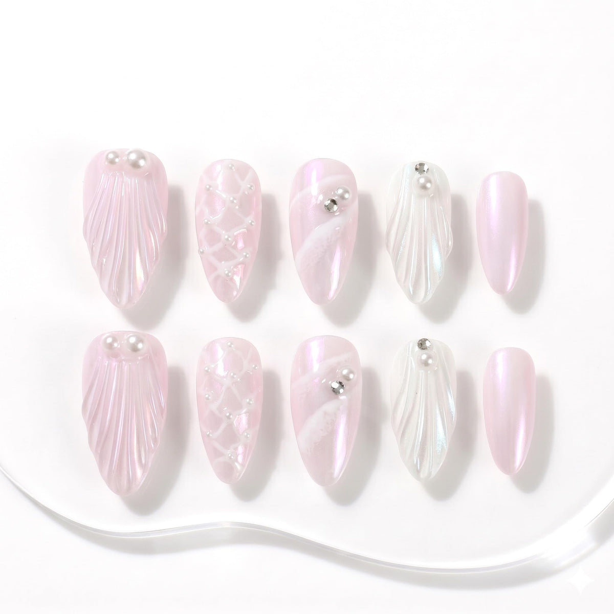 Sun&Beam Nails Handmade Press-on Medium Long Amlond Pink White 3D Rhinestone Sweet Design Fashion False Nail Tips 10 Pcs Set (#011 M)