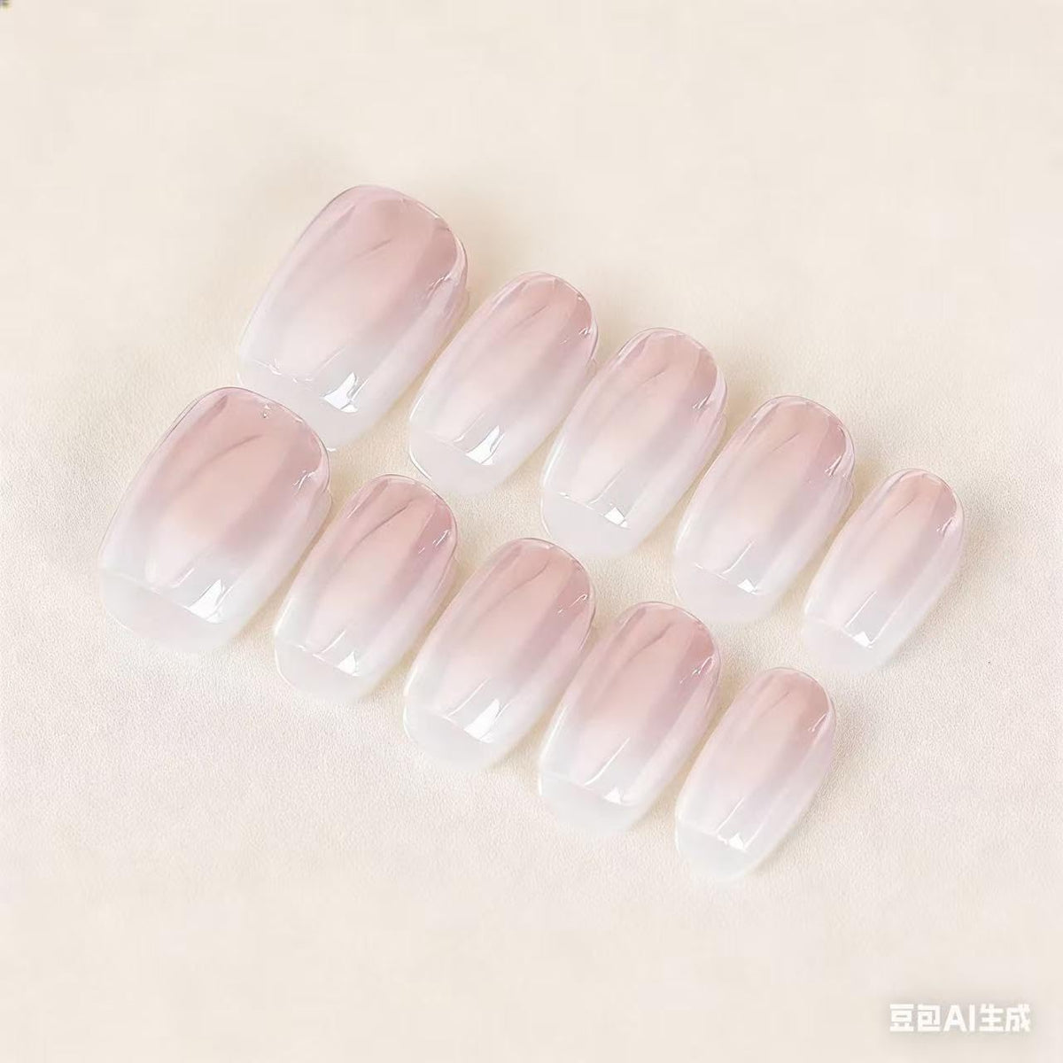 MouyouGlow Short False Nails, Square Pink Gradient White Chrome Glazed Donut Hailey Bieber Press on Nails with Glue, Natural Pink Ombre White Solid Fake Nails