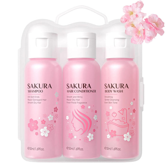 AuraBeen Sakura Shower Gift Set for Women - Travel Size 3-in-1 Bath & Hair Care Kit- Shampoo, Conditioner, Body Wash