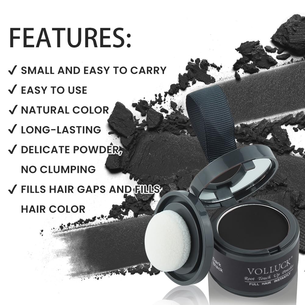 VOLLUCK Root Touch up Powder 4g – Covers Grey Roots & Conceals Thinning Hair, Hairline Powder for Men & Women – Natural Look, Easy to Use & Compact for Quick Touch Ups (Dark Black)