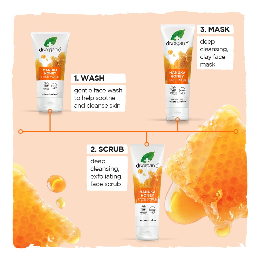 Dr. Organic Dr Organic Manuka Honey Face Scrub, Exfoliating, Dry Skin, Mens, Womens, Natural, Vegetarian, Cruelty-Free, Paraben & SLS-Free, Recycled & Recyclable, Organic, 125ml, Packaging may vary