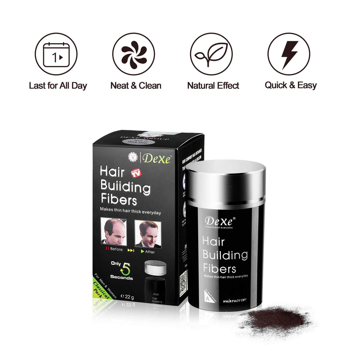 Dexe Hair Building Fibers - Thickening Fiber for Women and Men-Gentle Plant Formula-Hypoallergenic-Natural Look - Hair Loss Concealer Powder for Thicker Fuller Hair - .77oz (Dark brown)