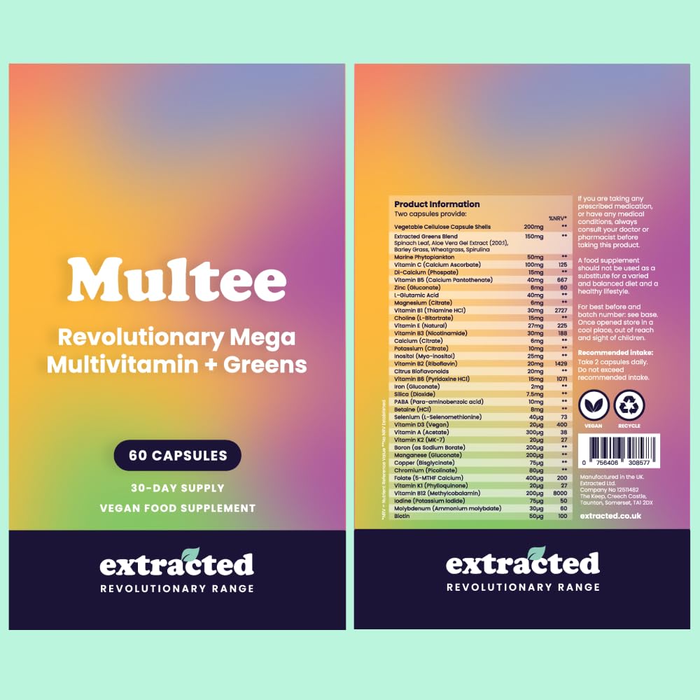 Extracted Multee Natural High Potency Multivitamin - 40 Essential Vitamins & Minerals with Vitamin C, Vitamin D, Vitamin B12, Iodine & Supergreens Blend, 60 Vegan Capsules