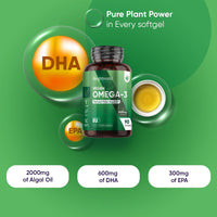 Vegan Omega 3 Capsules (Softgels) - 2000mg per Serving - 90 Softgels (45 Days Supply) - Algae Oil Omega 3 - Derived from Microalgae Schizochytrium - High Strength Omega-3 Nutritional Supplements