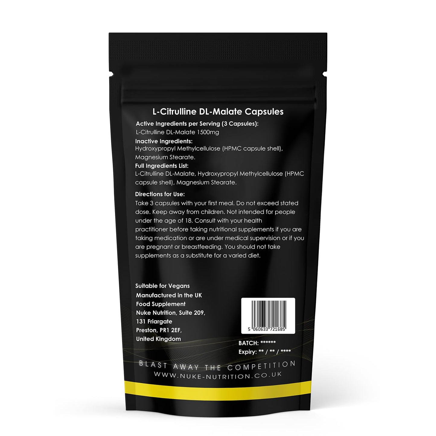Nuke Nutrition L Citrulline Malate Capsules | 60 Capsules | High Strength 1500mg Dose Supplement | Boost Circulation, Performance & Muscle Recovery | 100% Natural, Preservative & Filler Free | Vegan