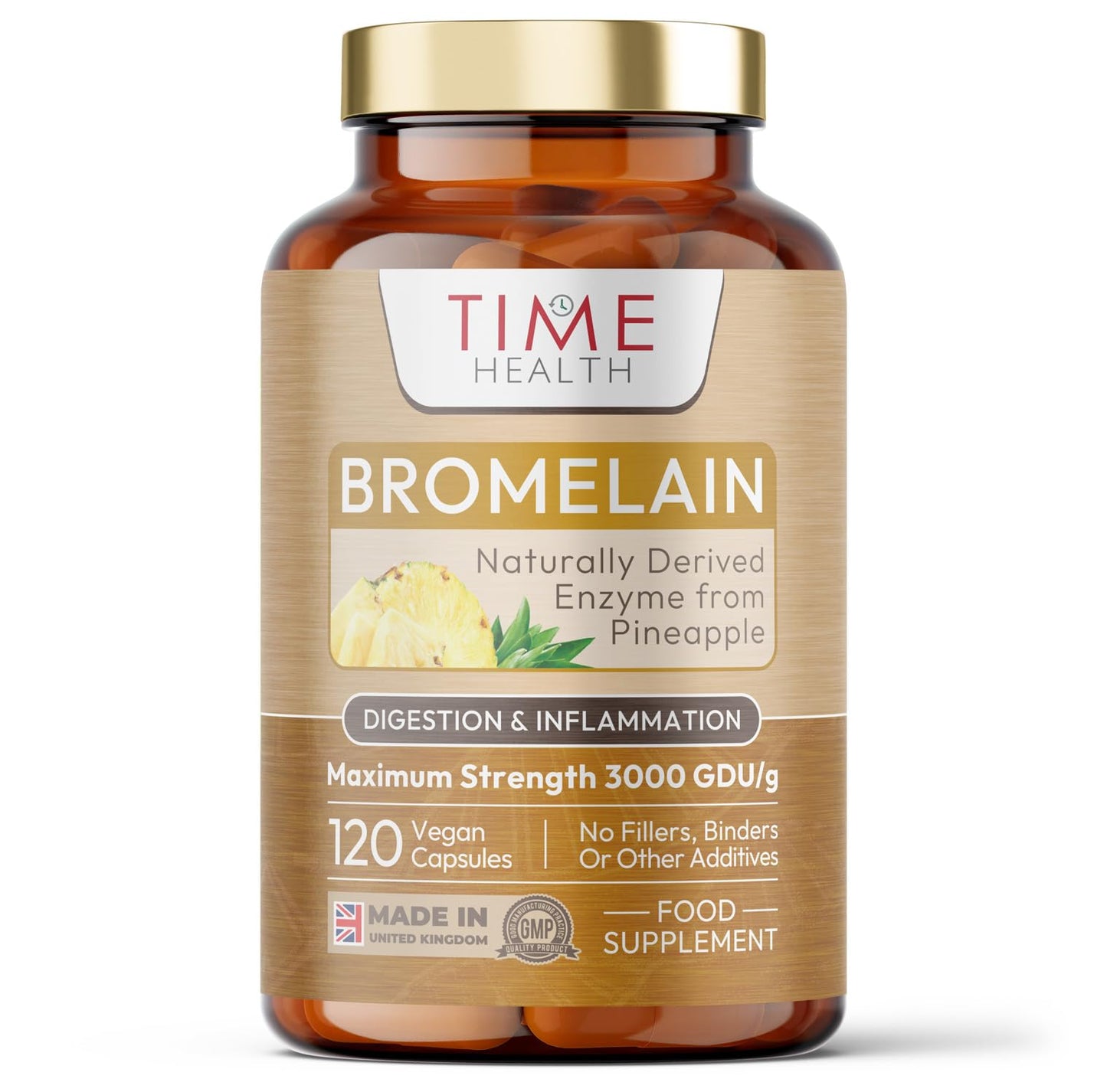 Time Health Bromelain Capsules - High Strength 3000 GDU - Highly Dosed 500mg per Capsule - Naturally Derived from Pineapple - UK Made - Zero Additives - Vegan - Pullulan - 120 Capsules