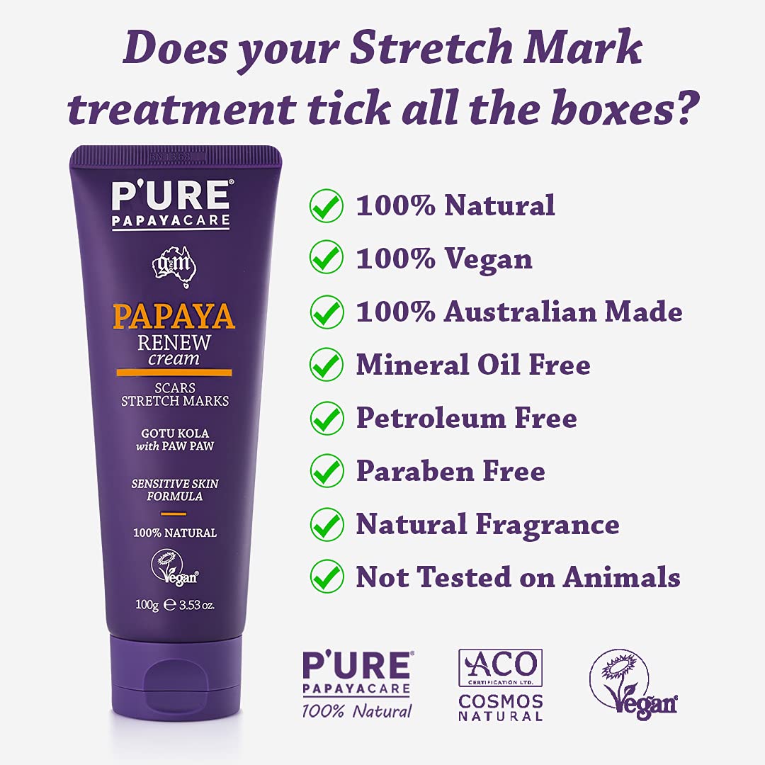P'URE PAPAYA CARE Renew Cream 100ml - Stretch Mark Cream & Scar Treatment - Vegan Moisturiser - Paw Paw Papaya Enzymes, Gotu Kola, Shea Butter, Australian Jojoba Oil for Skin - Natural Skincare