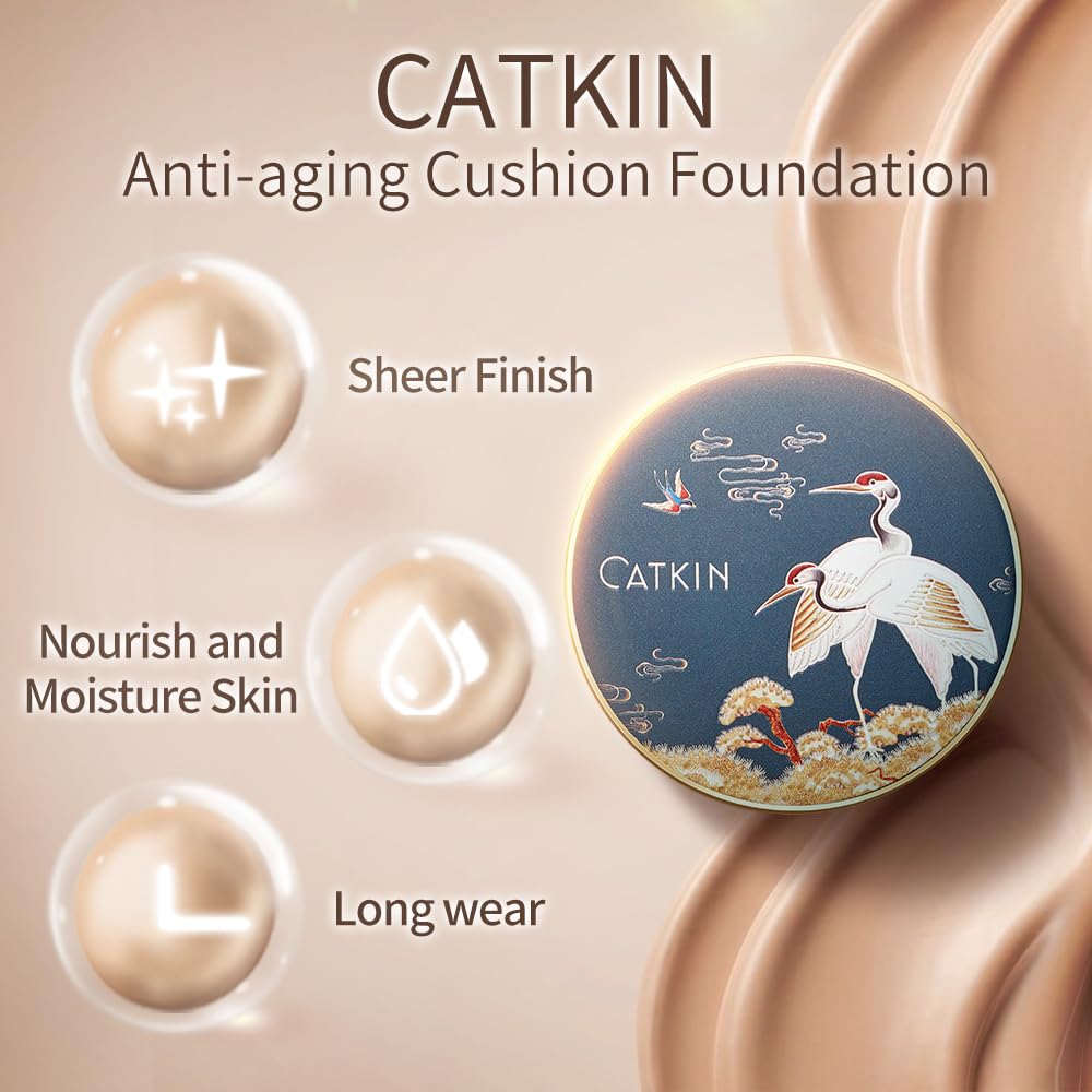 CATKIN X SUMMER PALACE Foundation for Mature Skin, Full Coverage Foundation with Lightweight and Breathable Formula, Refillable Cushion Foundation 13g*2(C03)