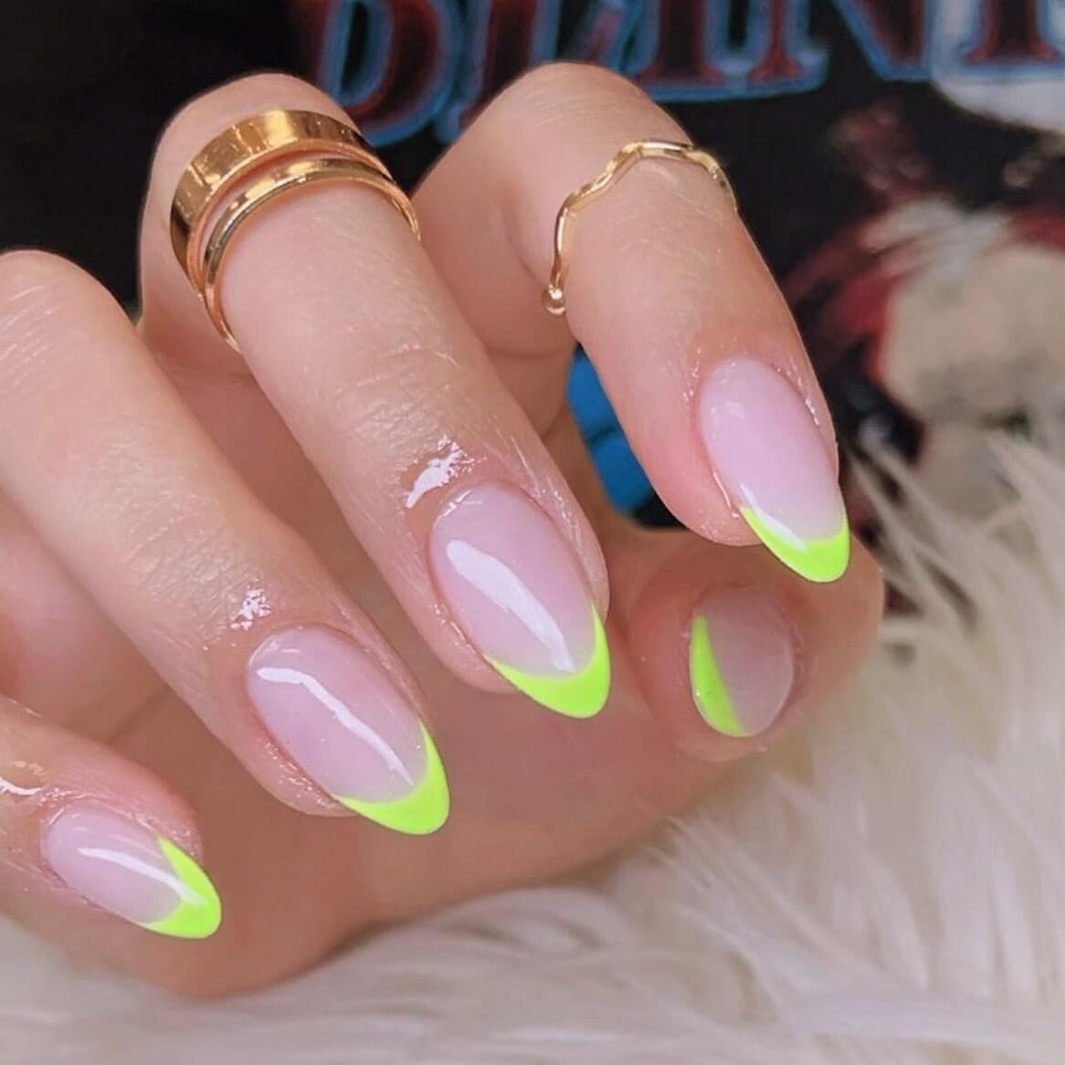SXVME 30 Pcs Acrylic Press on Nails Short Almond, Neon Green French Tip False Nails Short Pointed Stiletto, Natural Nude Fake Nails Set Classic Soft Gel Stick on Nail for Women Daily Wedding Wear